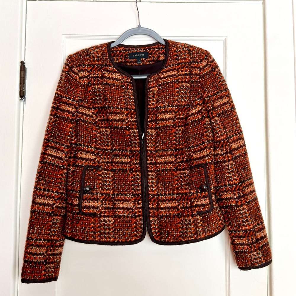 Talbots Wool Blend Full Zip Tweed Jacket Size 4 Brown Orange Business Casual